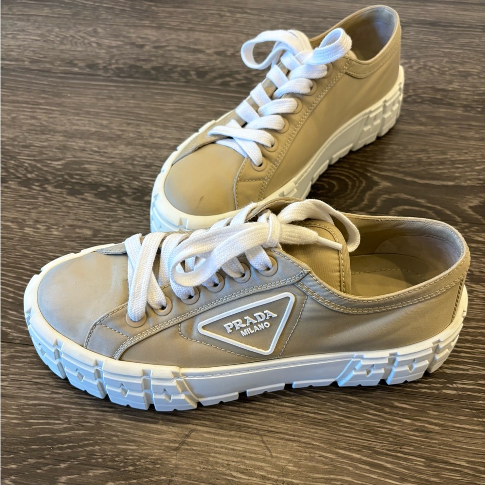 Prada Double Wheel Re-Nylon gabardine sneakers Desert Beige